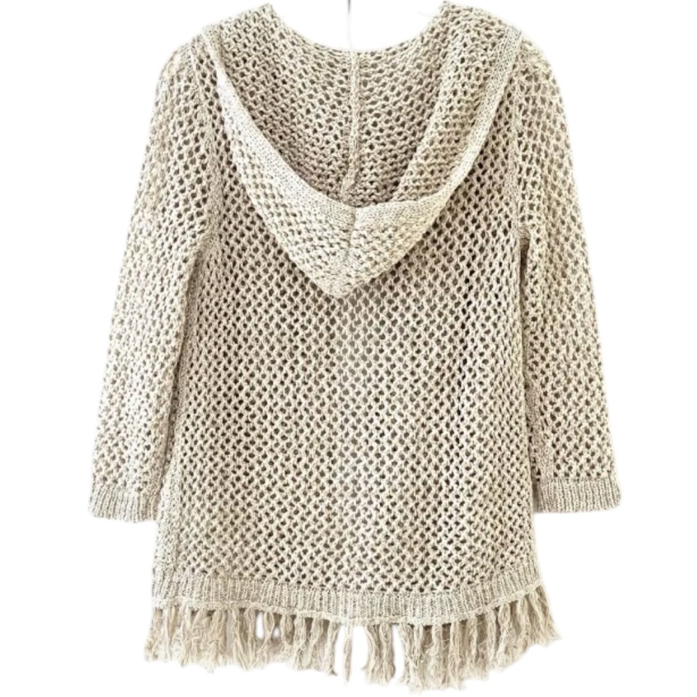 J.Jill Beige Open Flax Knit Fringe Cardigan Sweater Hood Tie Front Size M - Picture 5 of 10